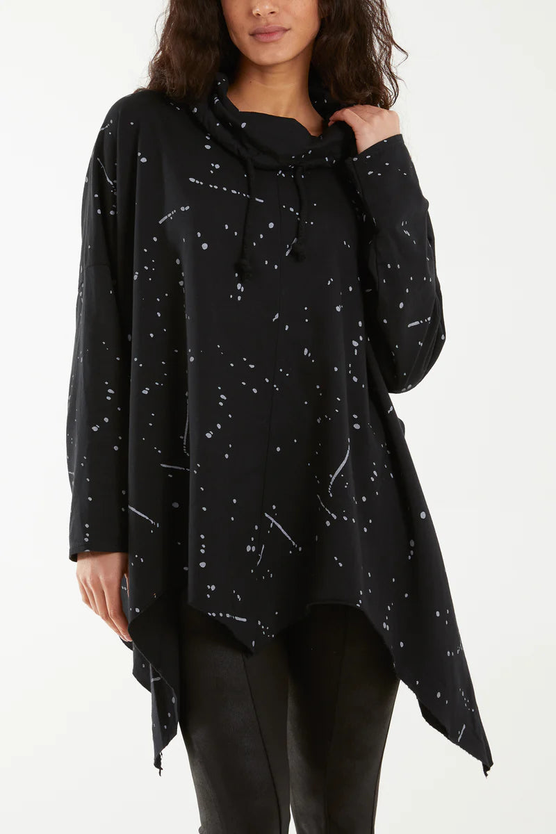 Paint Splatter Cowl Neck Hanky Hem Sweater