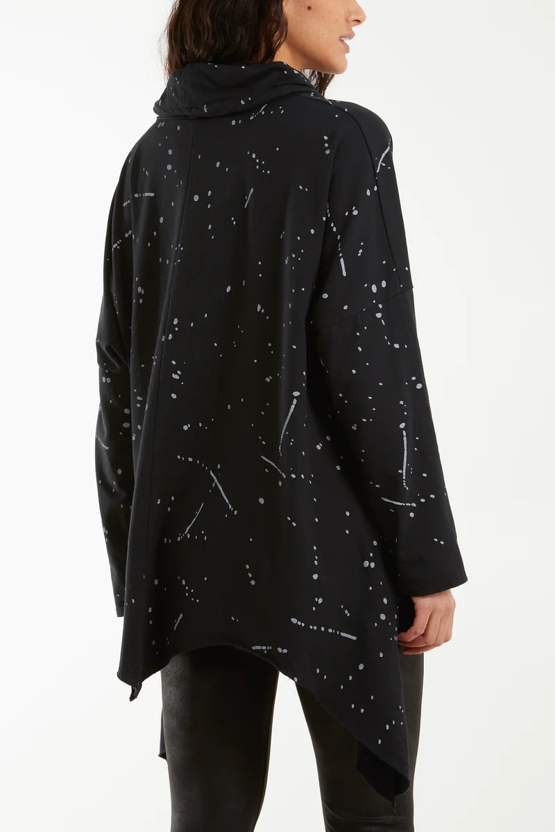 Paint Splatter Cowl Neck Hanky Hem Sweater