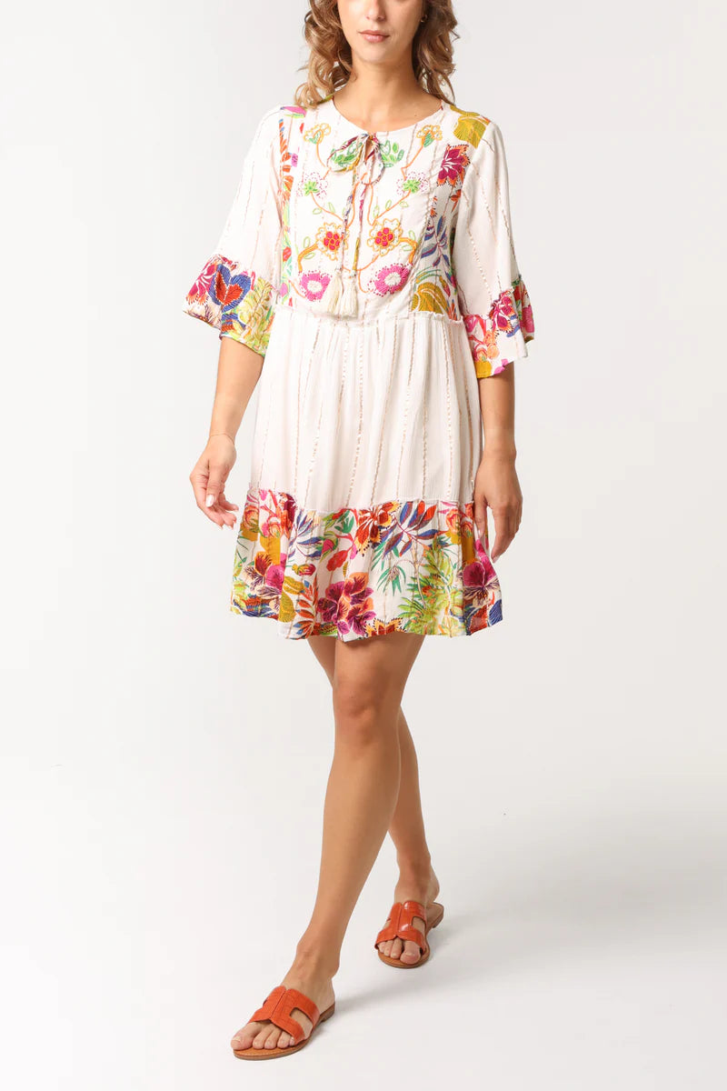 Tropical Floral Embellished Smock Dress