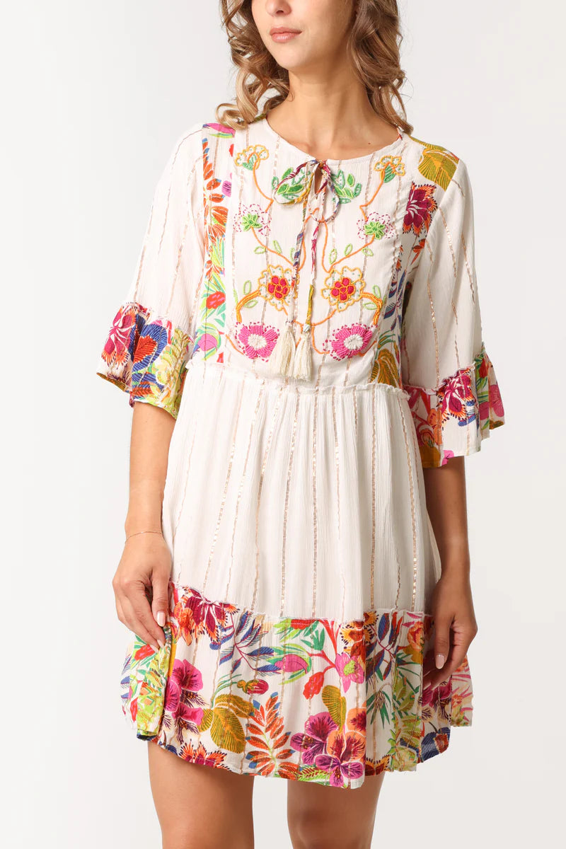 Tropical Floral Embellished Smock Dress