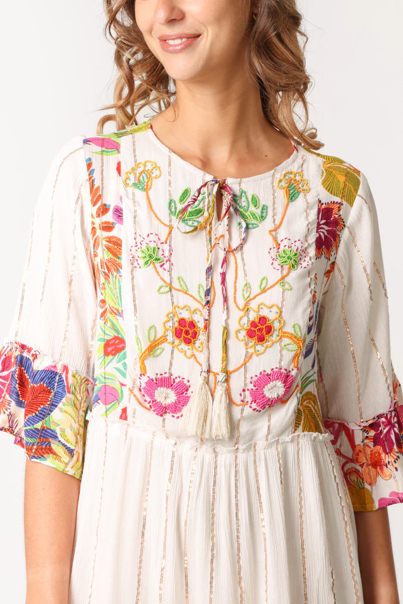 Tropical Floral Embellished Smock Dress
