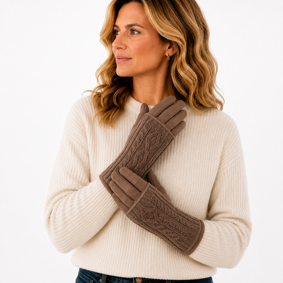 SHGL1743 Cable Knit & Suedette Gloves