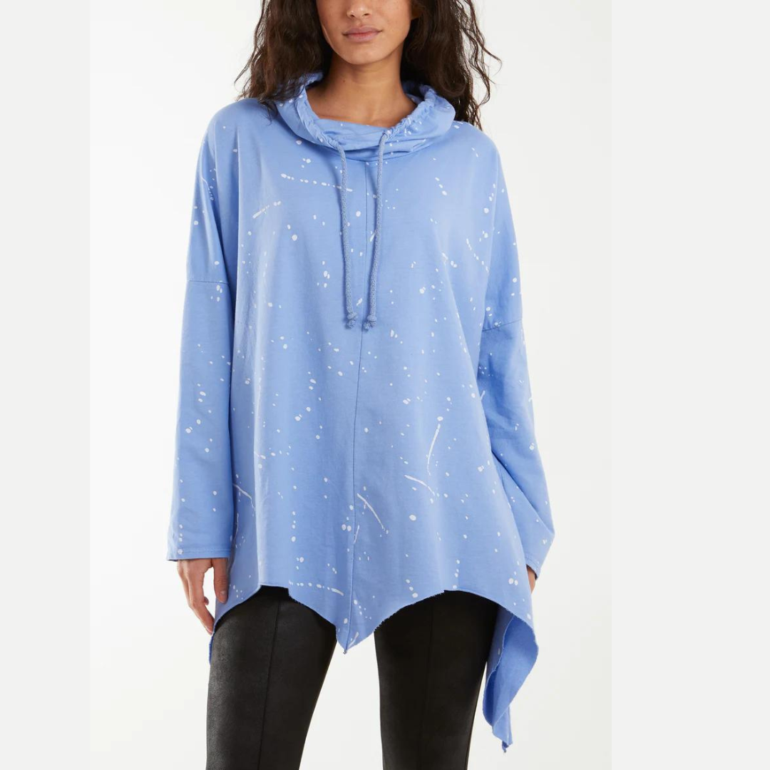 Paint Splatter Cowl Neck Hanky Hem Sweater