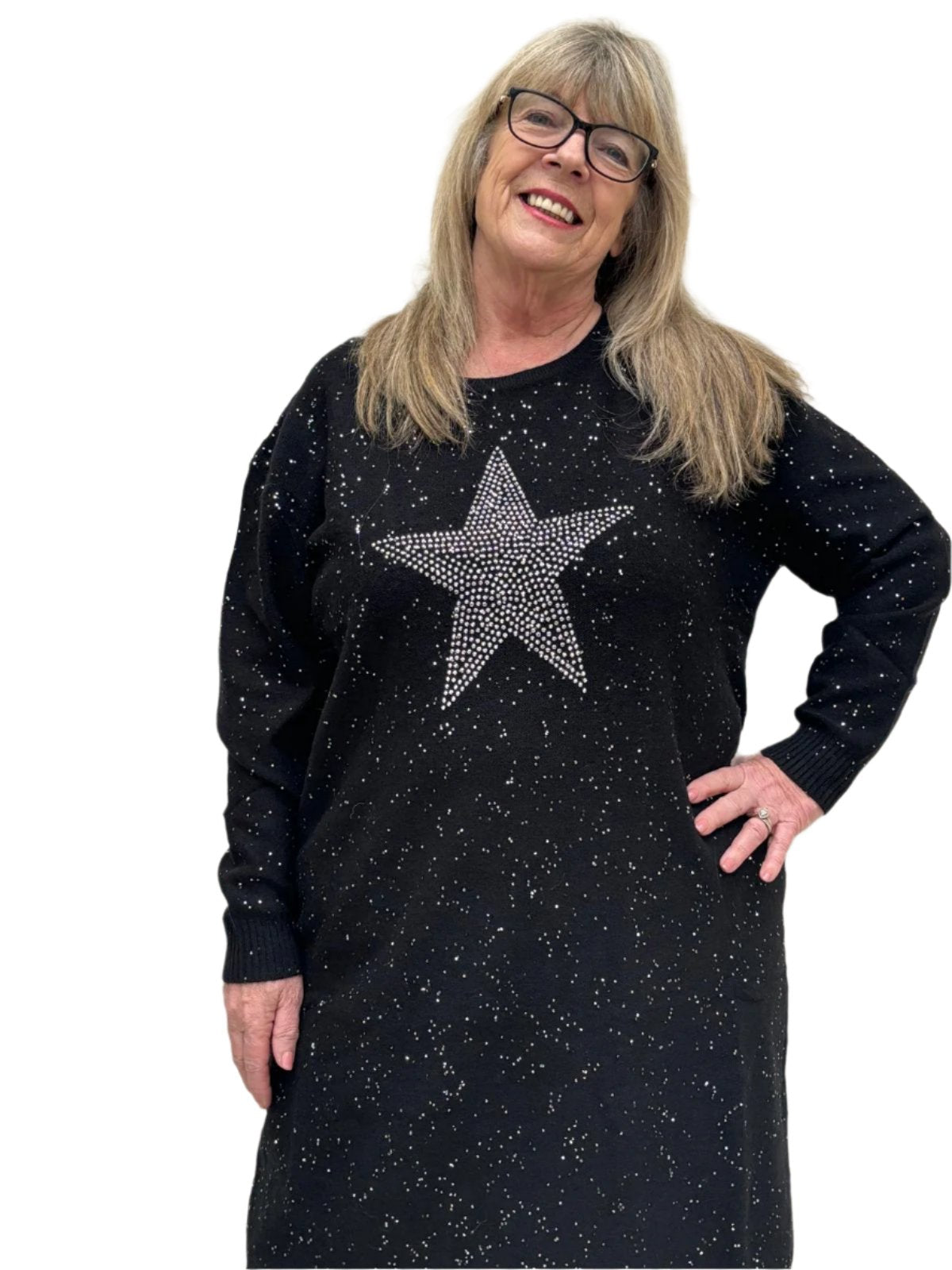 Malissa J Sequin Knit Knee Length Dress with Studded Star