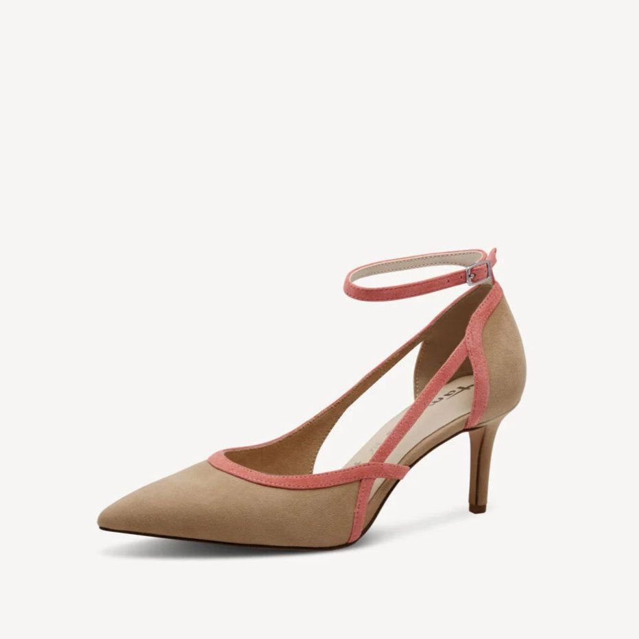Tamaris 1-22436-44 Tan & Coral Leather Court Shoe with Ankle Strap