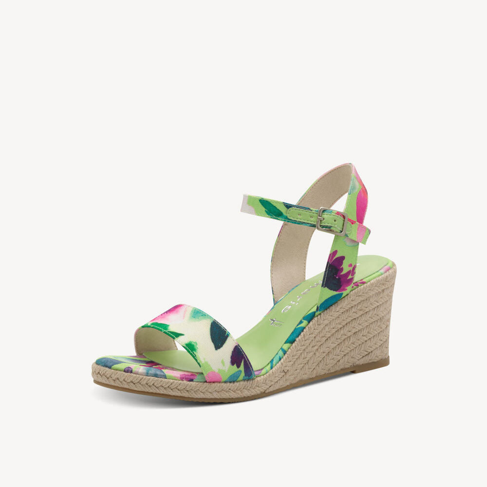 Tamaris 1-28300-42 Green floral combo wedged sandal