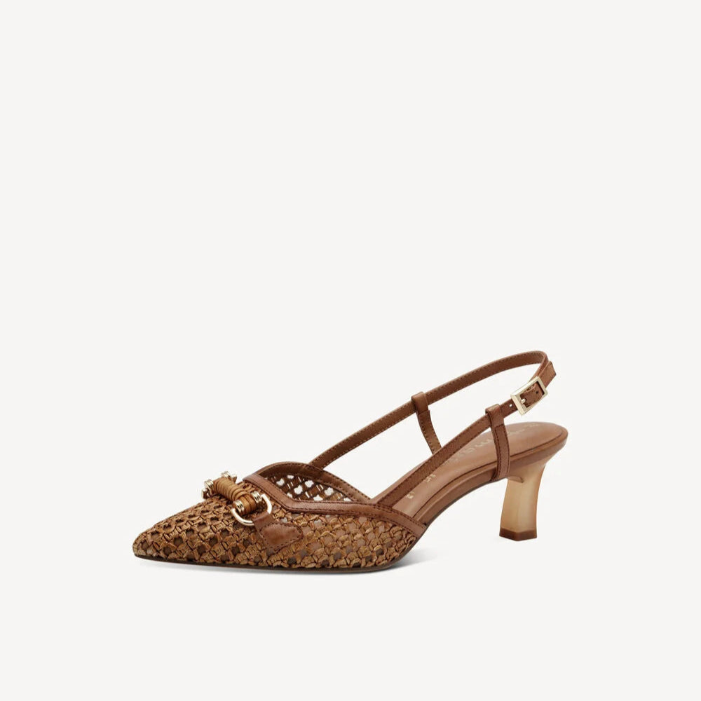 Tamaris Kitten Heel Weaved Tan Slingback Shoe