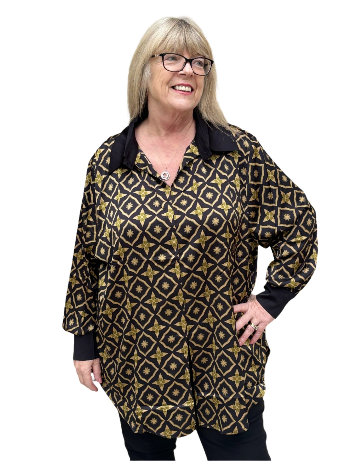 Malissa J Multi Woven Printed Shirt with Solid Cuffs and Collar