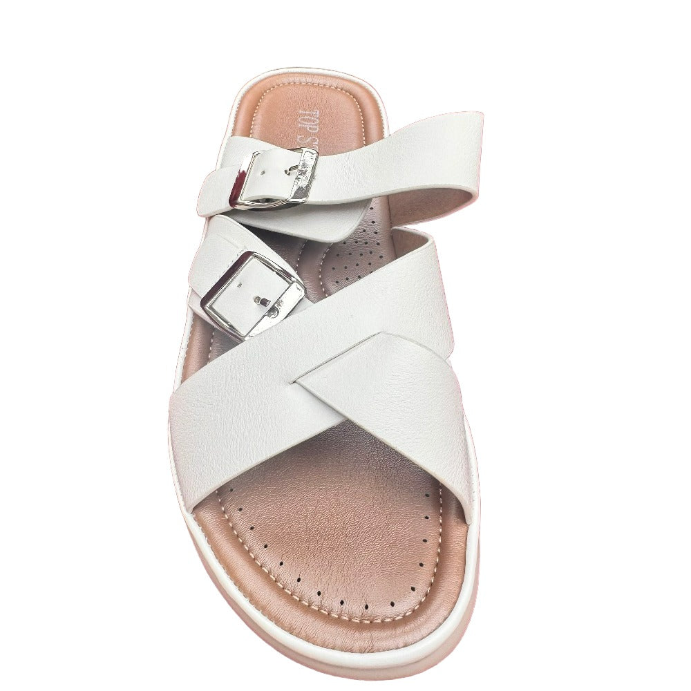 Top Staka Slip on Criss Cross Sandal in Faux Leather Black or White Available