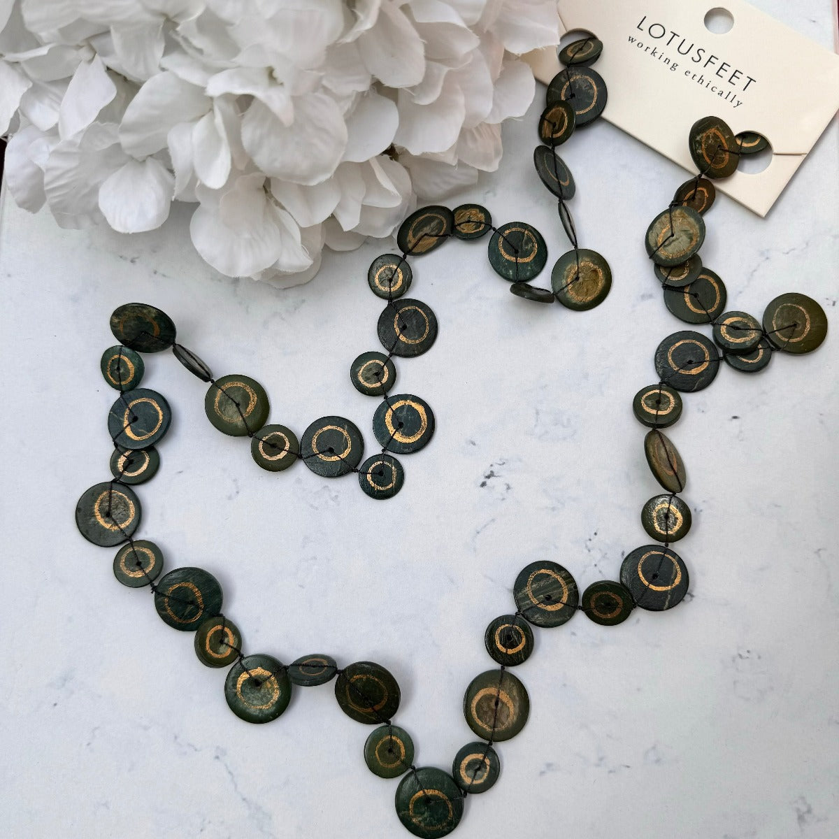 Lotus Feet Moss Green & Gold Coconut Shell Necklace H216 Moss Green