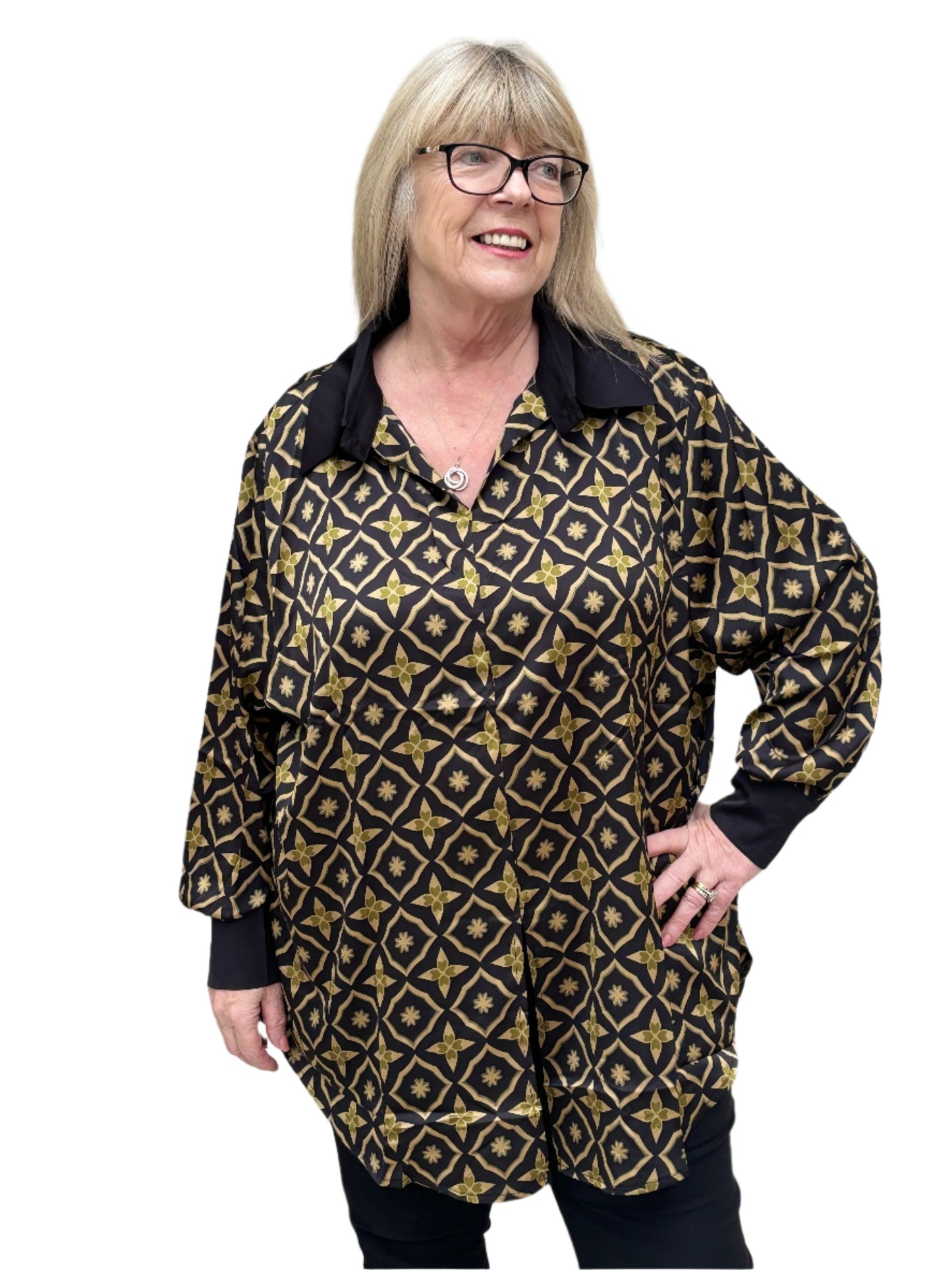 Malissa J Multi Woven Printed Shirt with Solid Cuffs and Collar