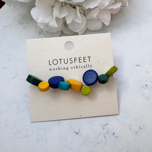 Lotus Feet Blue & Green Wood Discs Bracelet