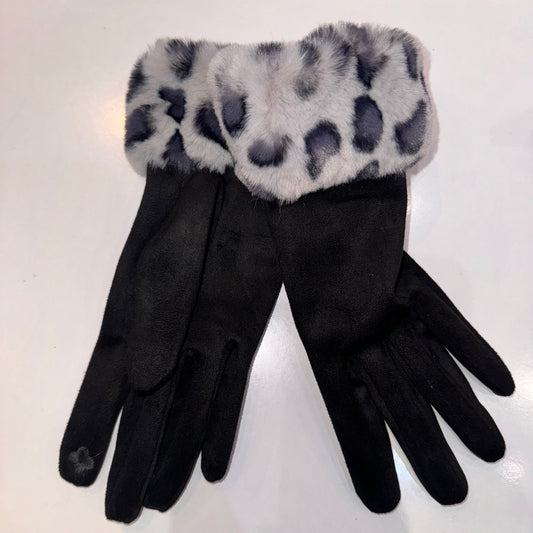 Black Grey Leopard trimmed gloves