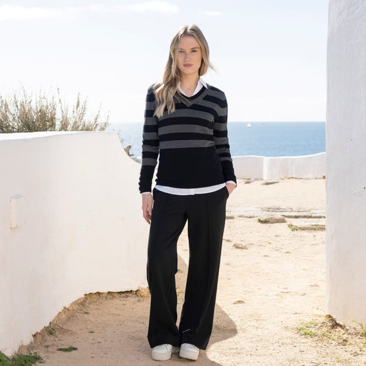 Marble 8018 Black & Grey Striped V Neck Jumper