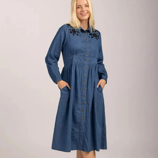 Mudflower Denim Dress with Embroidery