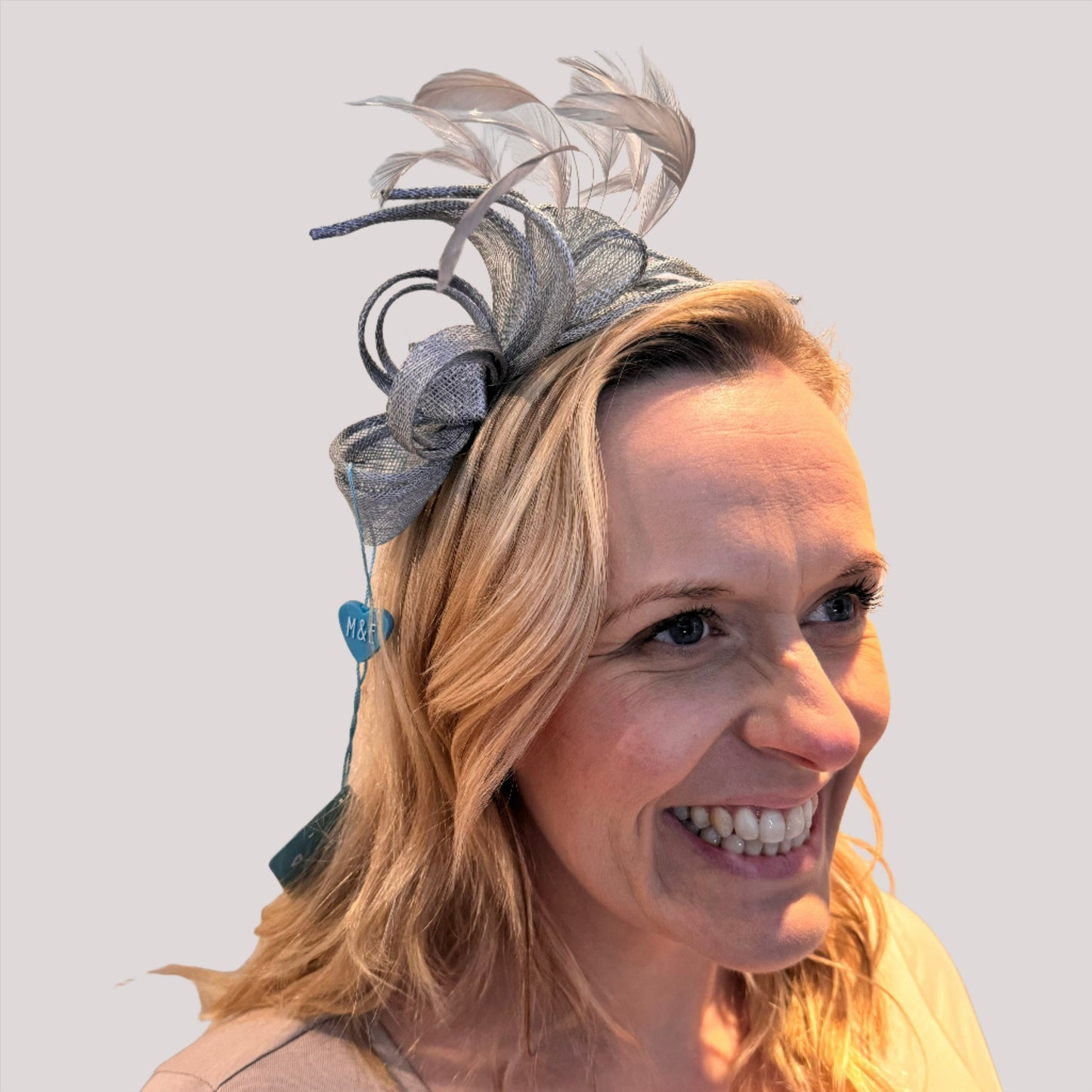 Max and Ellie BF3 Small Fascinator on Headband in Grey and Silver