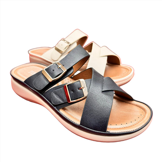 Top Staka Slip on Criss Cross Sandal in Faux Leather Black or White Available