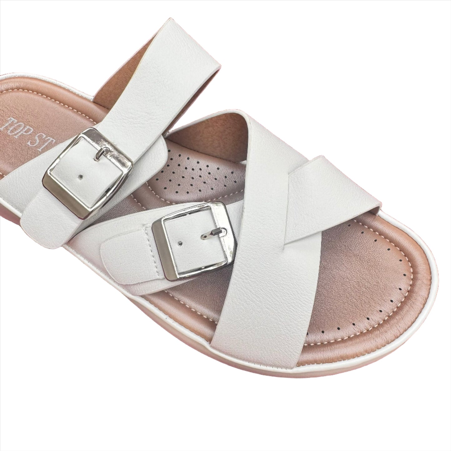 Top Staka Slip on Criss Cross Sandal in Faux Leather Black or White Available