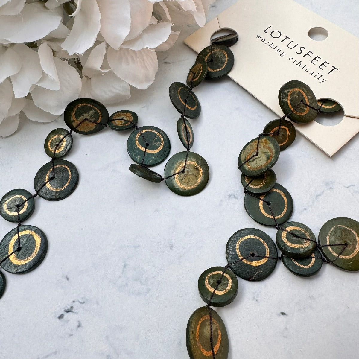 Lotus Feet Moss Green & Gold Coconut Shell Necklace H216 Moss Green