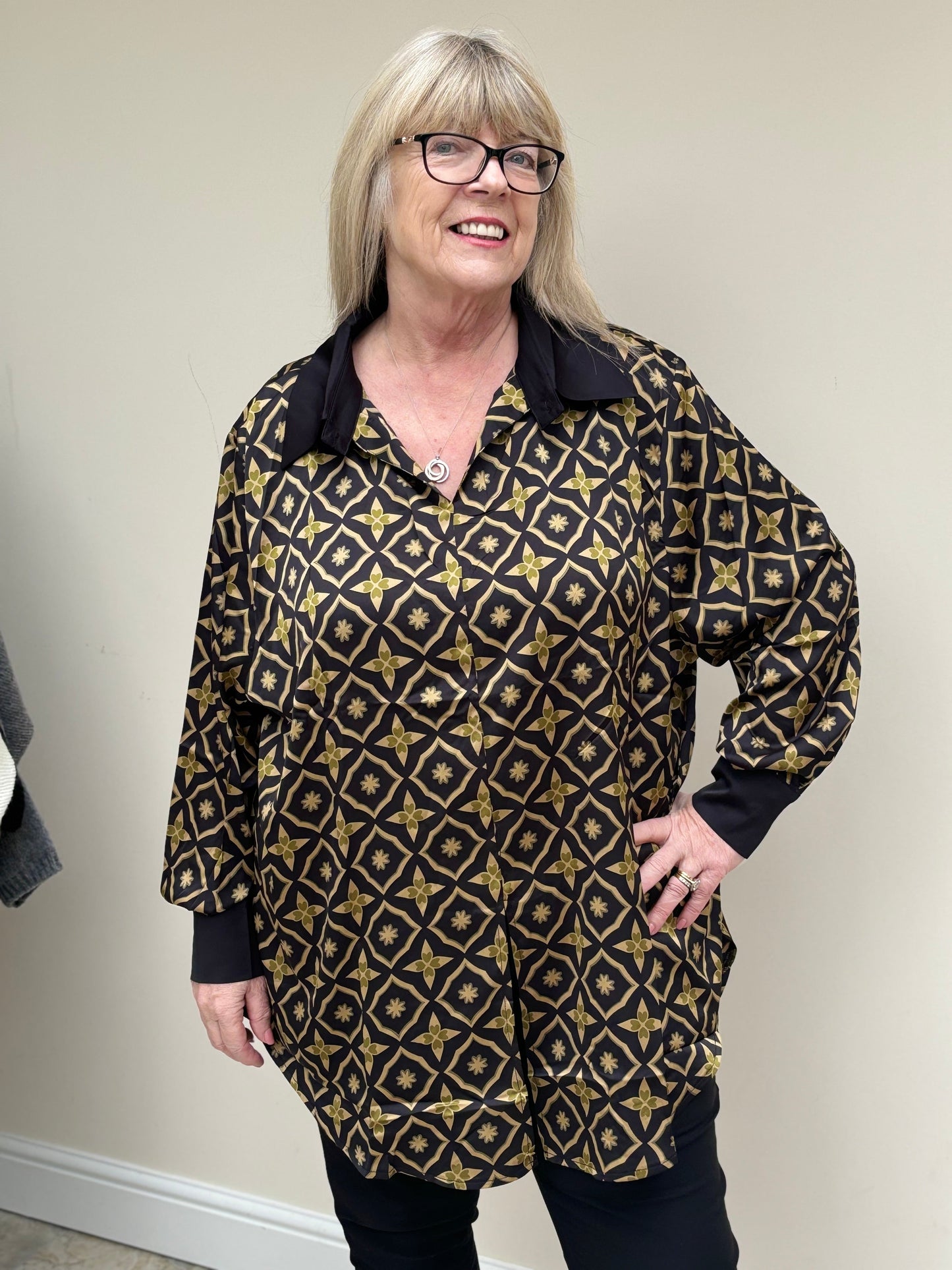 Malissa J Multi Woven Printed Shirt with Solid Cuffs and Collar