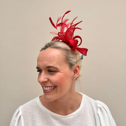 Max and Ellie  BF3 Small Fascinator on Headband in Reds
