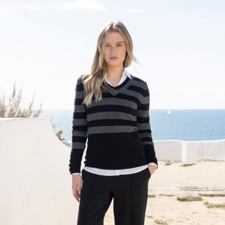 Marble 8018 Black & Grey Striped V Neck Jumper