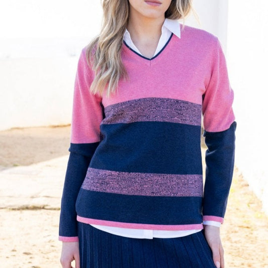 Marble 8065 Pink and Navy V Neck Jumper