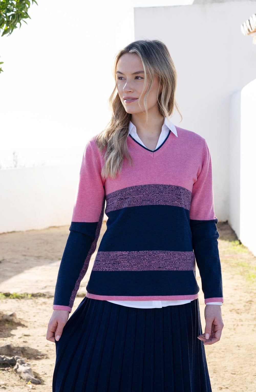 Marble 8065 Pink and Navy V Neck Jumper