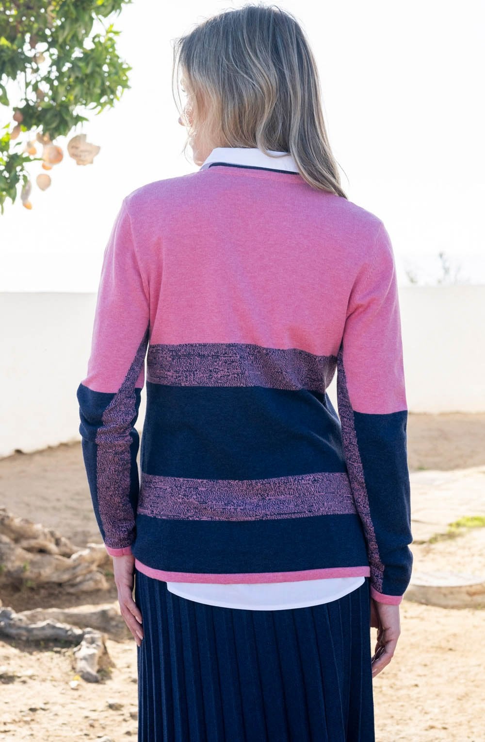Marble 8065 Pink and Navy V Neck Jumper