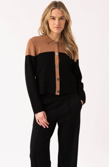 Marble 8115 Tan & Black Button Down Cardigan