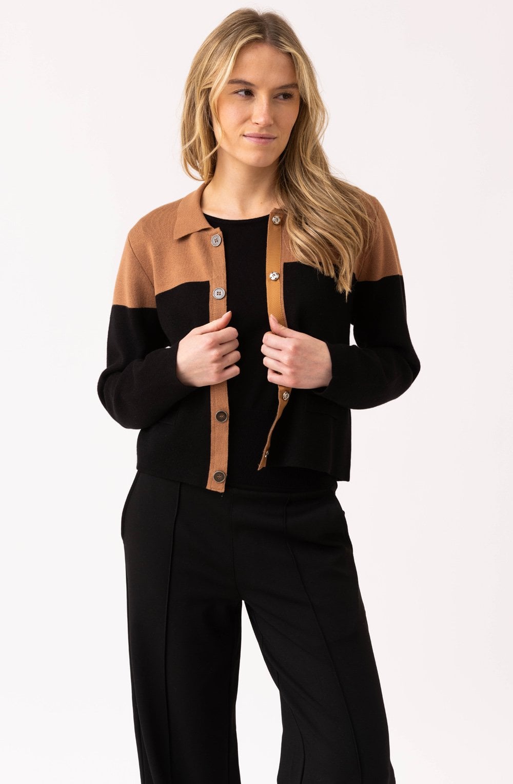 Marble 8115 Tan & Black Button Down Cardigan