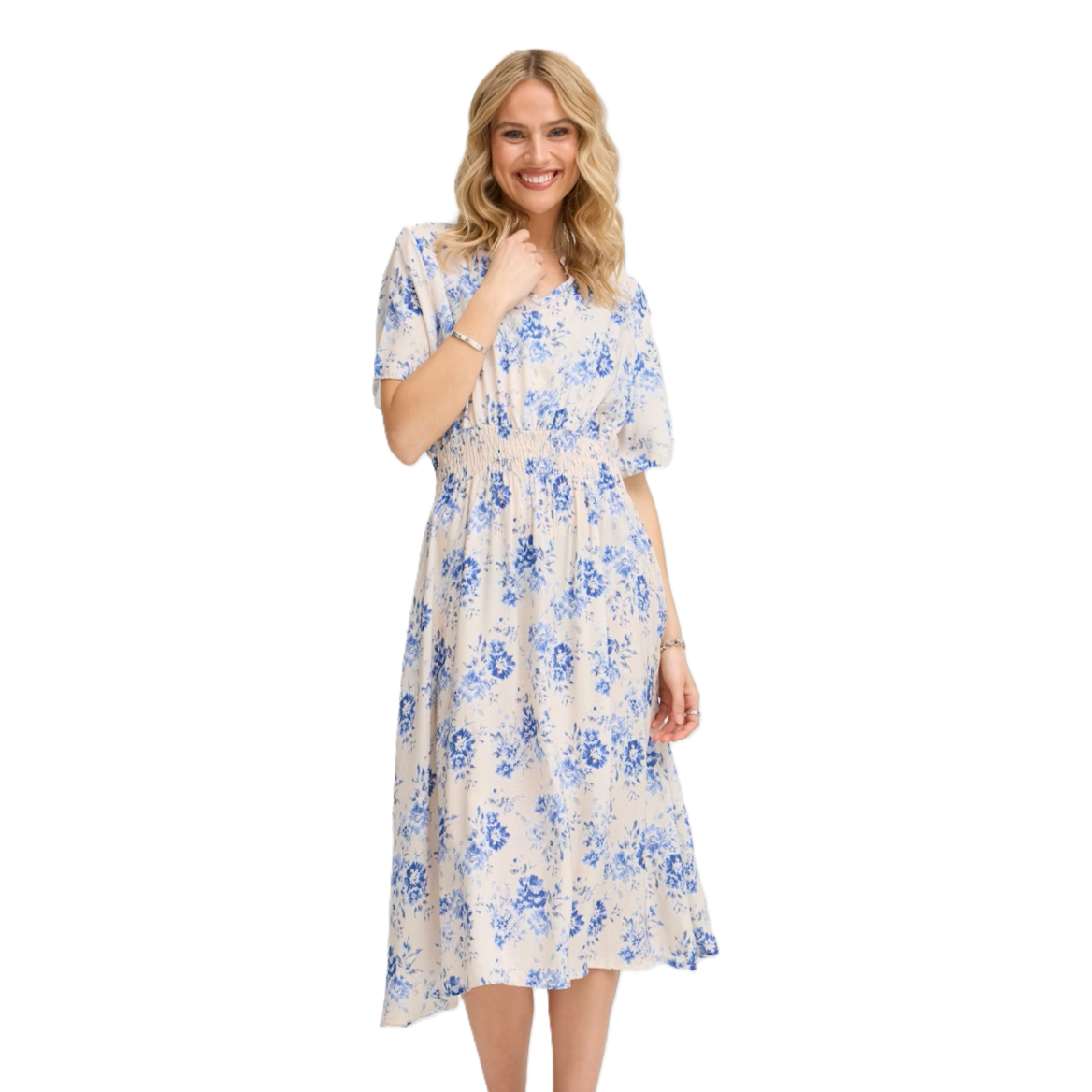 Woman wearing a floral dress on a white background