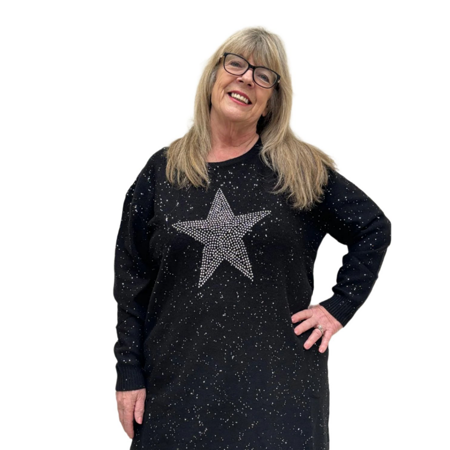 Malissa J Sequin Knit Knee Length Dress with Studded Star