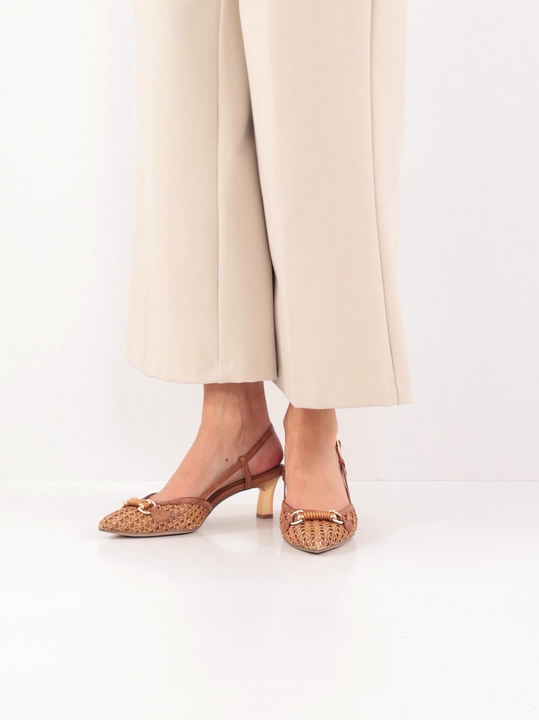 Tamaris Kitten Heel Weaved Tan Slingback Shoe