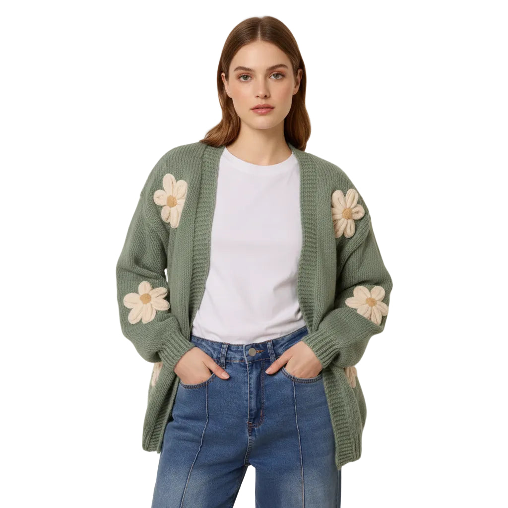 NOL WF5257NV248 Sage Daisy Large Flower Cardigan