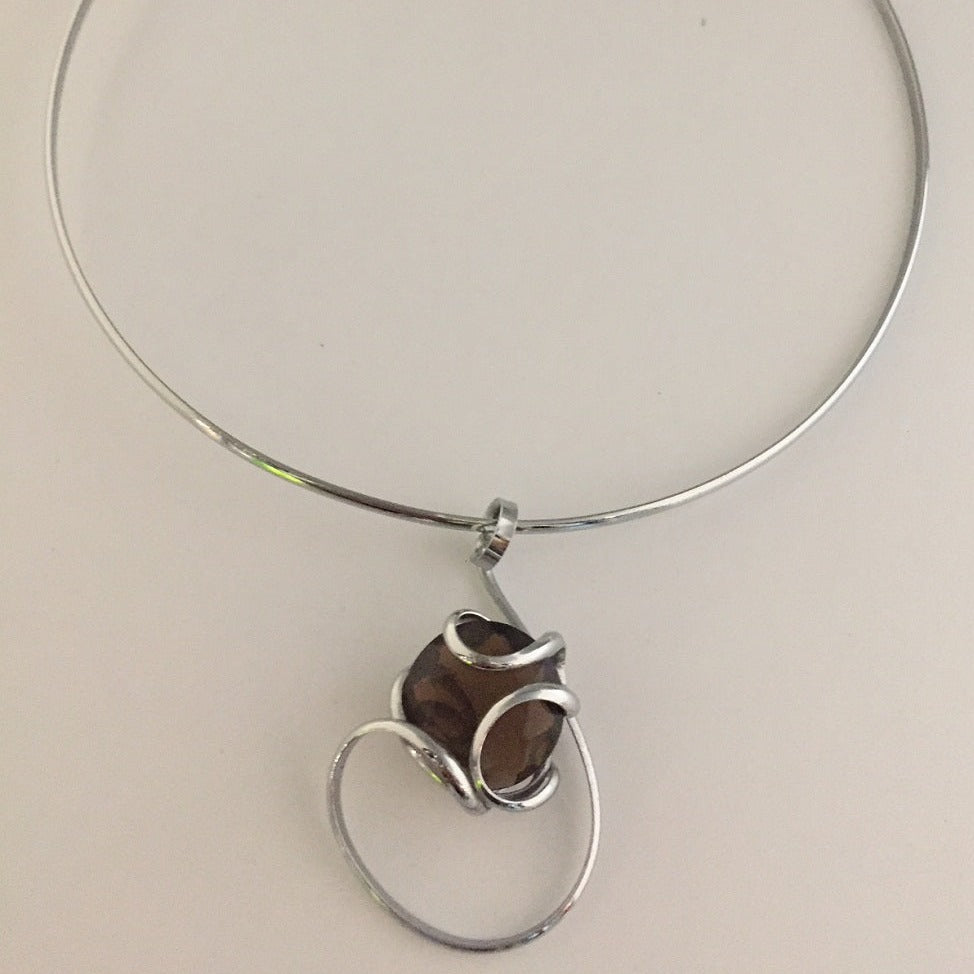 Medium Stone Necklace Handmade in Rhodium Plated Metal