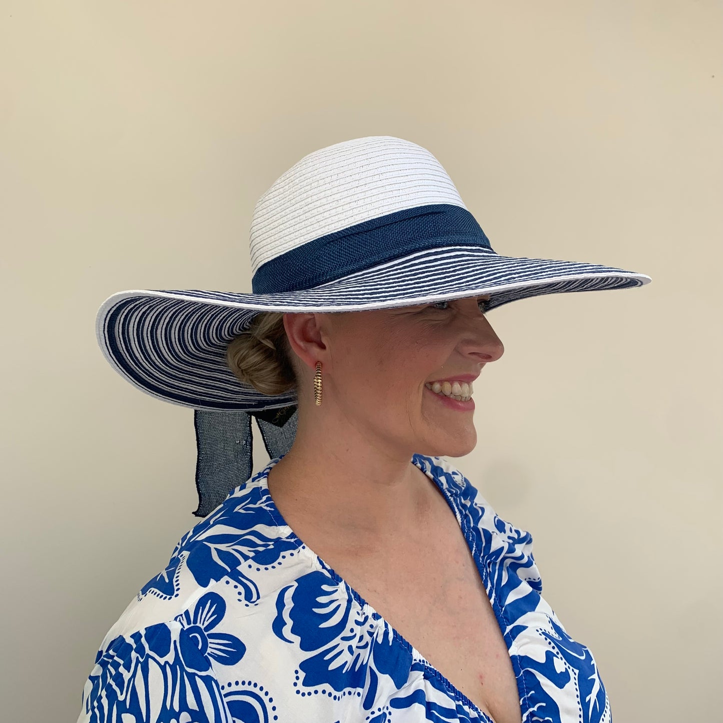 Straw Wide Brim Hat with Striped Brim