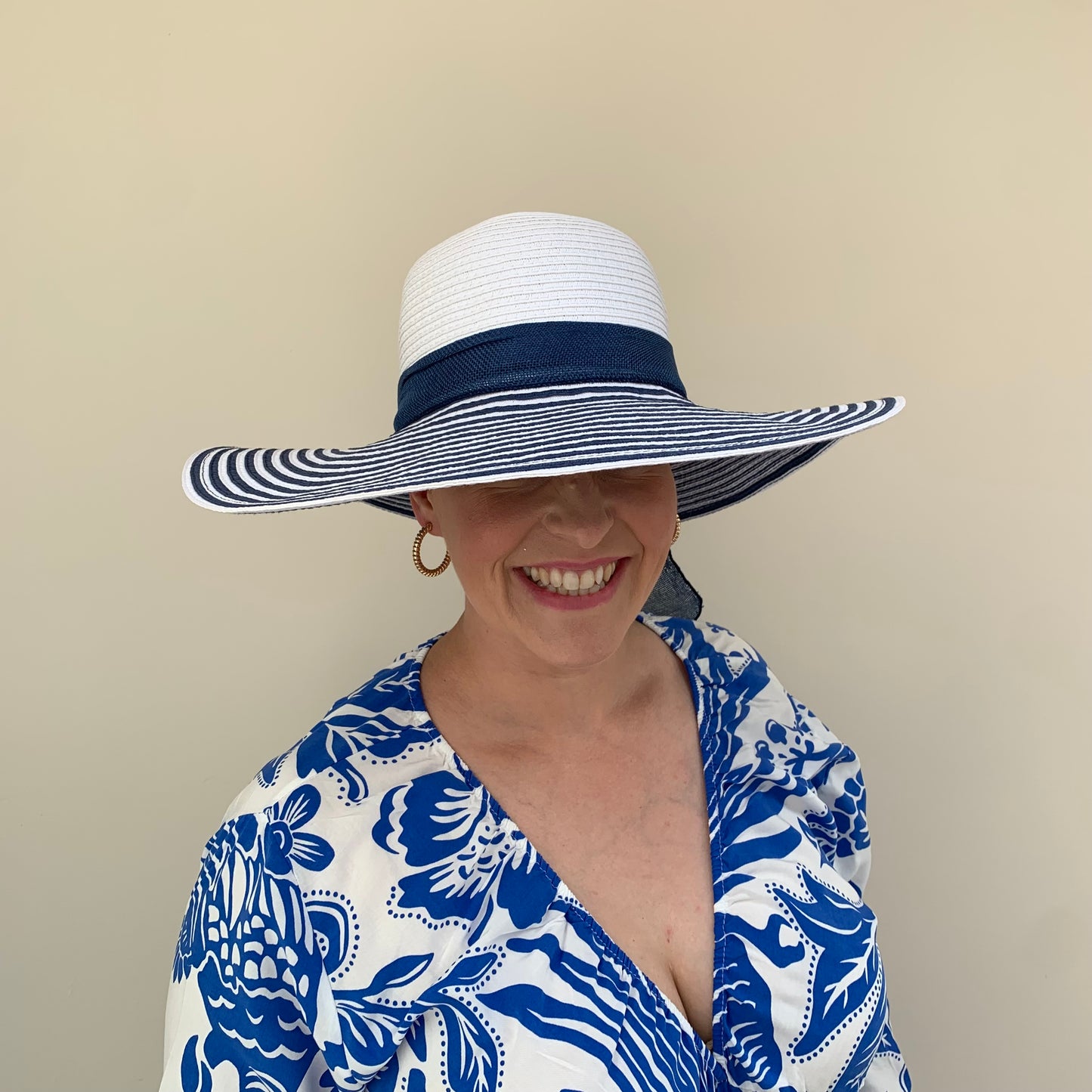 Straw Wide Brim Hat with Striped Brim