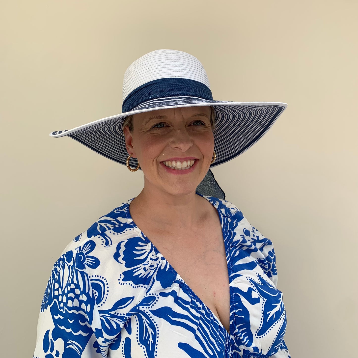 Straw Wide Brim Hat with Striped Brim