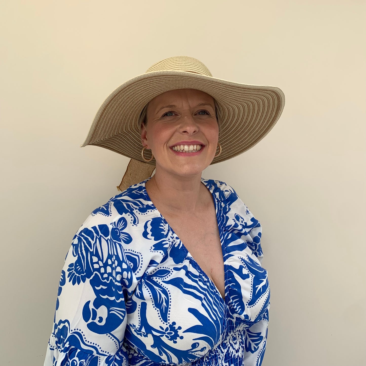Straw Wide Brim Hat with Striped Brim