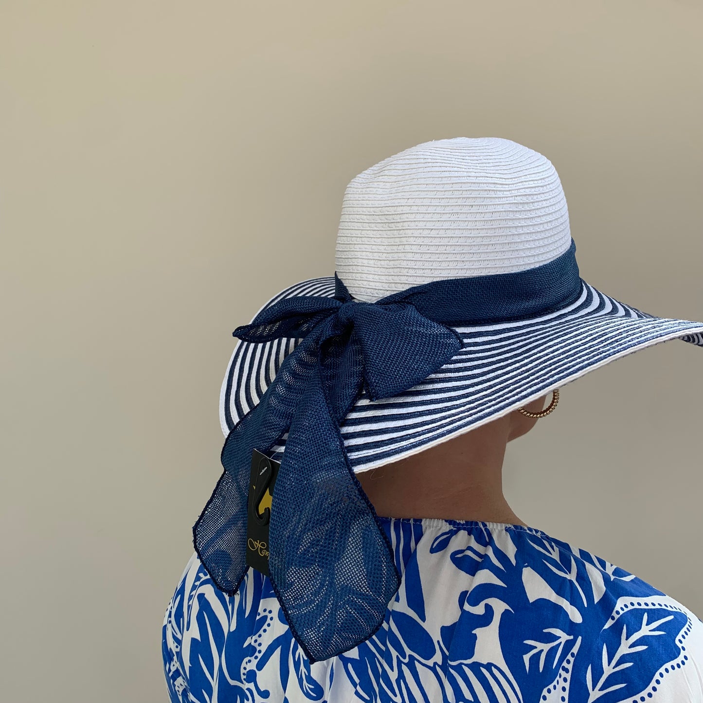 Straw Wide Brim Hat with Striped Brim