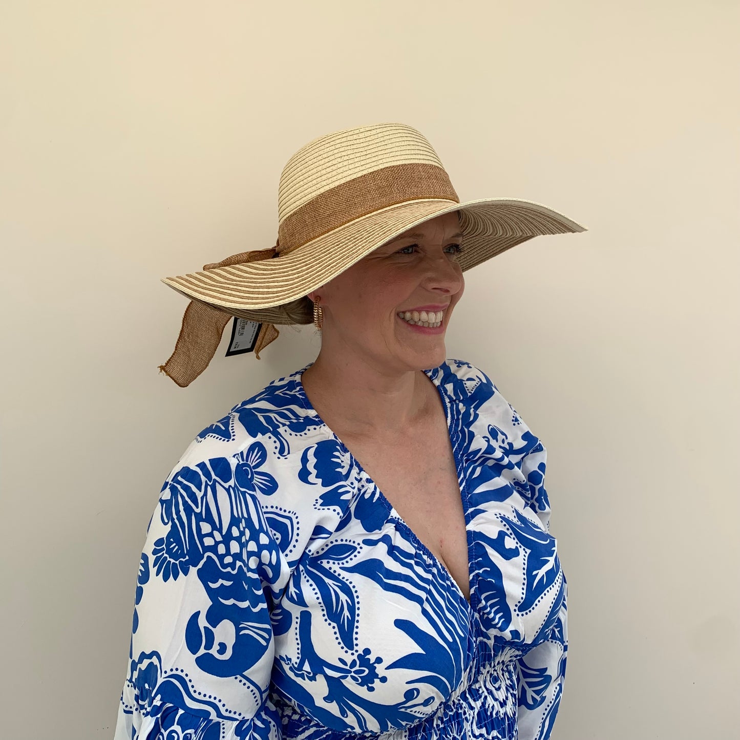 Straw Wide Brim Hat with Striped Brim