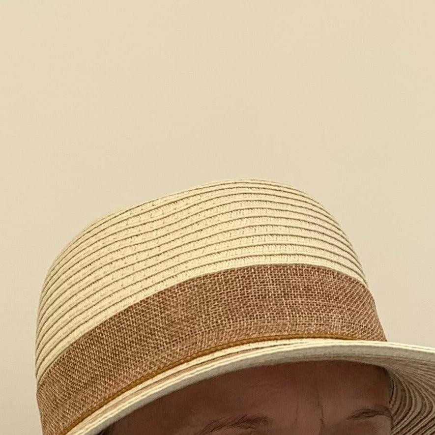 Straw Wide Brim Hat with Striped Brim