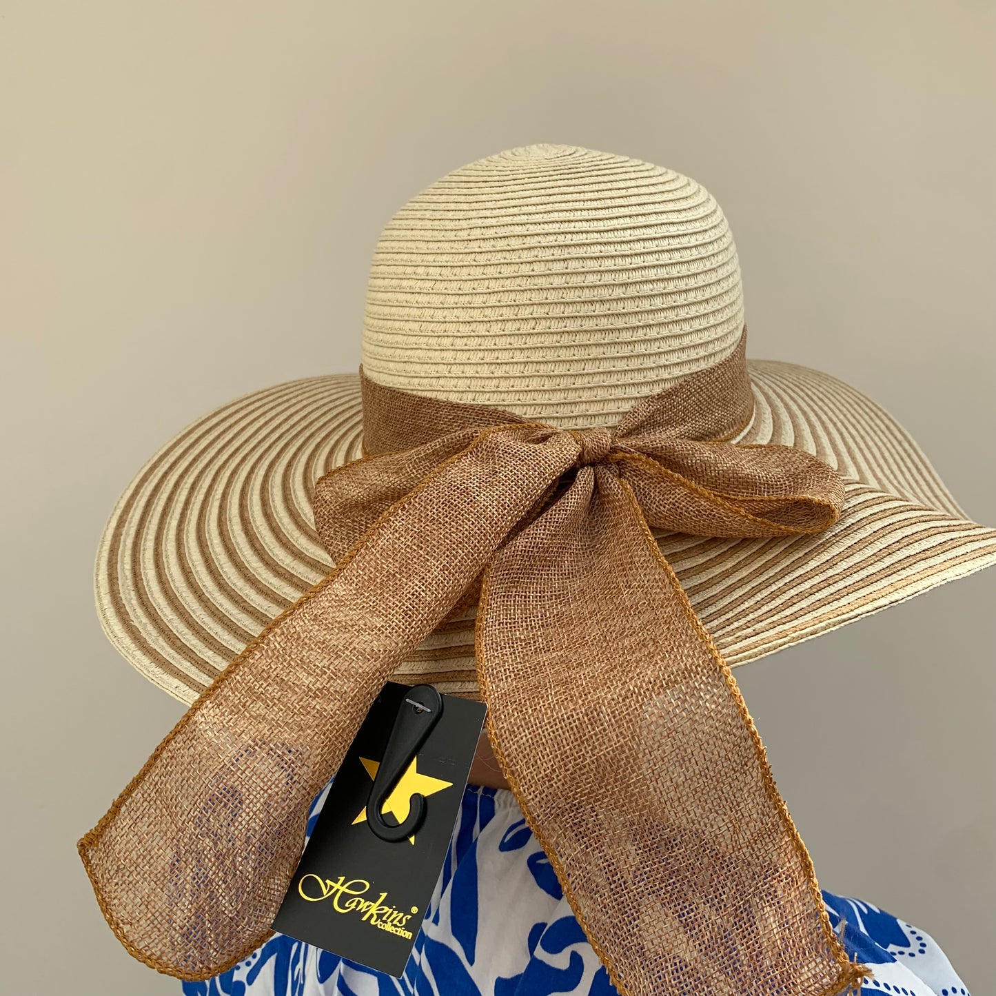 Straw Wide Brim Hat with Striped Brim