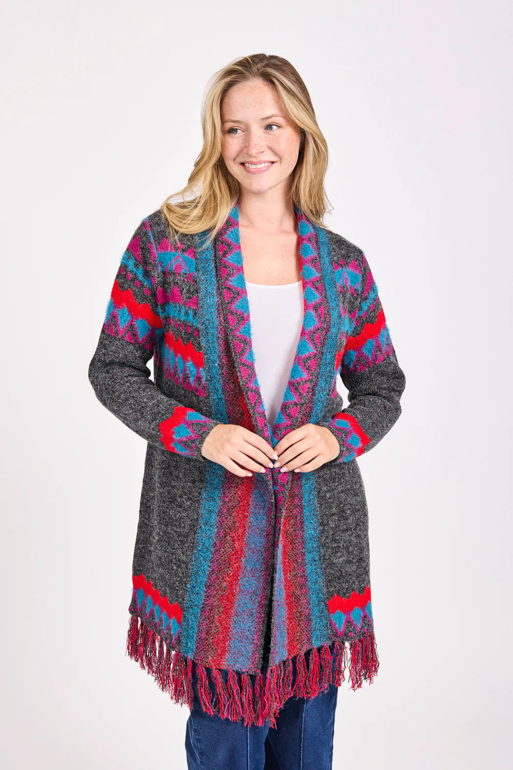 Mudflower Fringed Aztec Long Cardigan