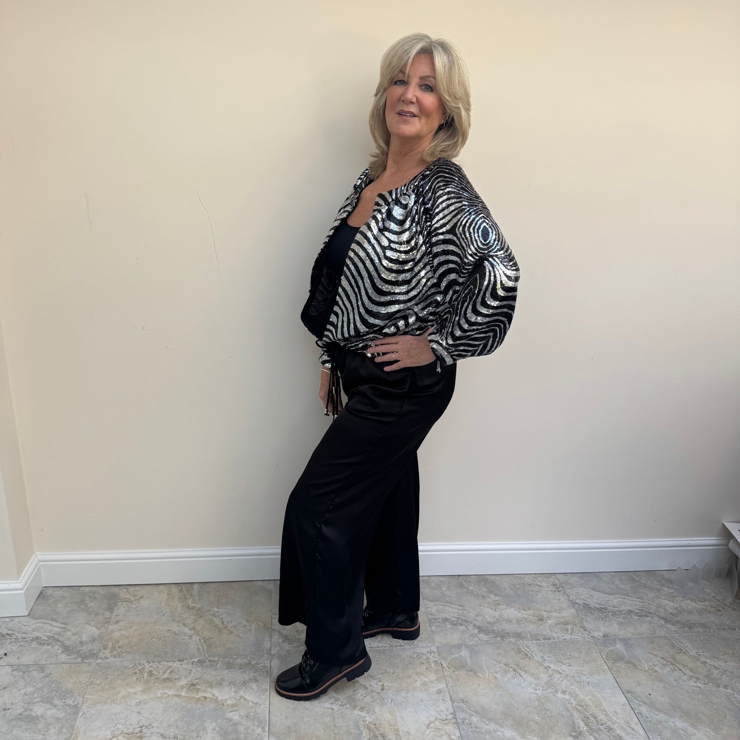 Malissa J WF2302 Silver Stripe Sequin Bomber Jacket