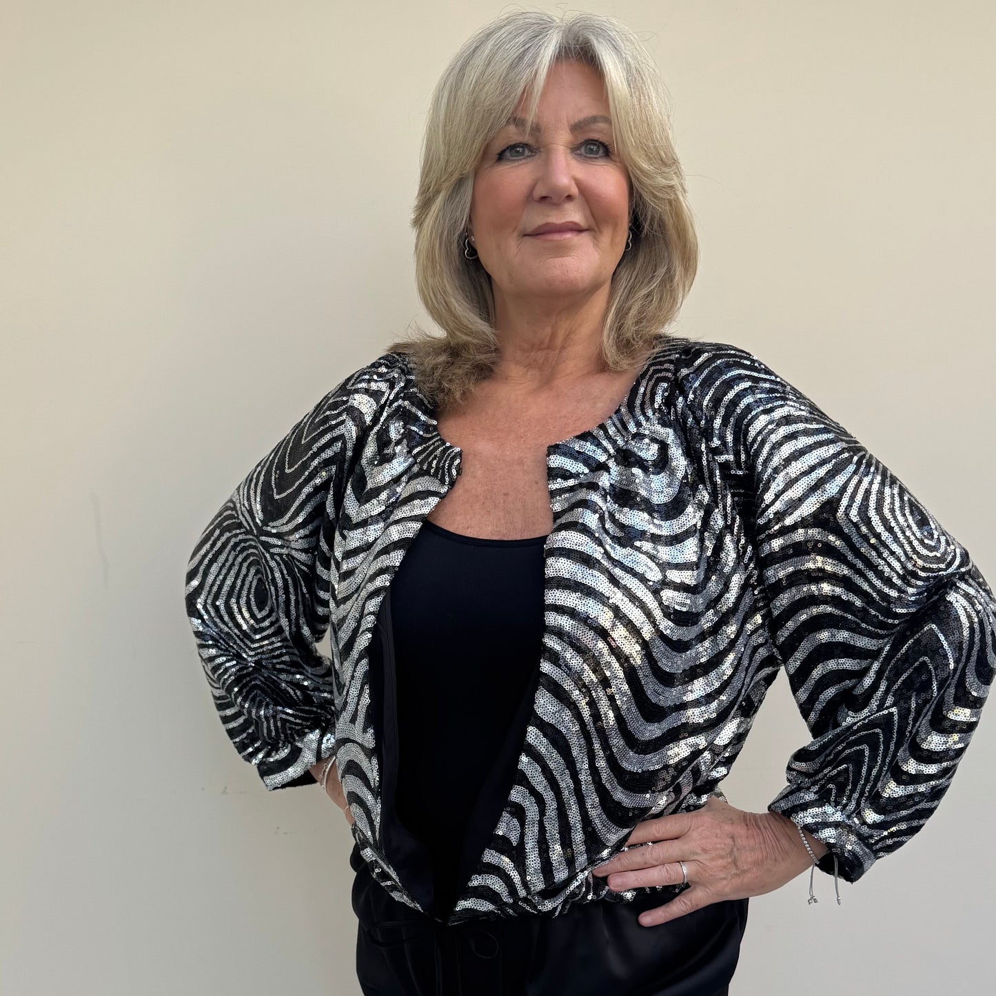 Malissa J WF2302 Silver Stripe Sequin Bomber Jacket