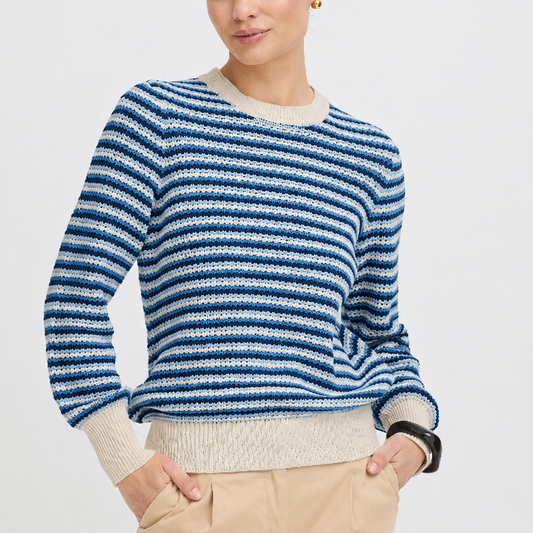 B.Young BYMAGIO Blue Stripe Open Neck Jumper 20818683