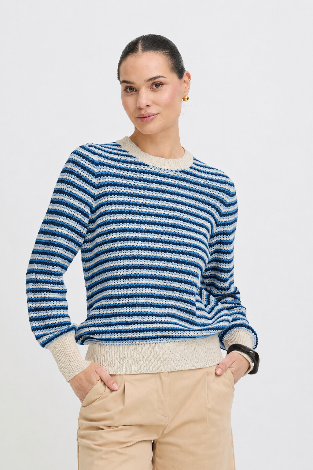 B.Young BYMAGIO Blue Stripe Open Neck Jumper 20818683