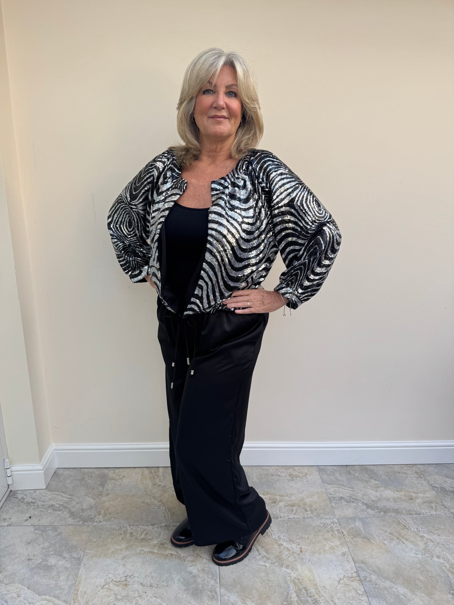 Malissa J WF2302 Silver Stripe Sequin Bomber Jacket